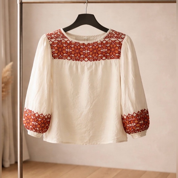 Knox Rose Ivory Tunic Blouse with Red Embroidery - Picture 3 of 5